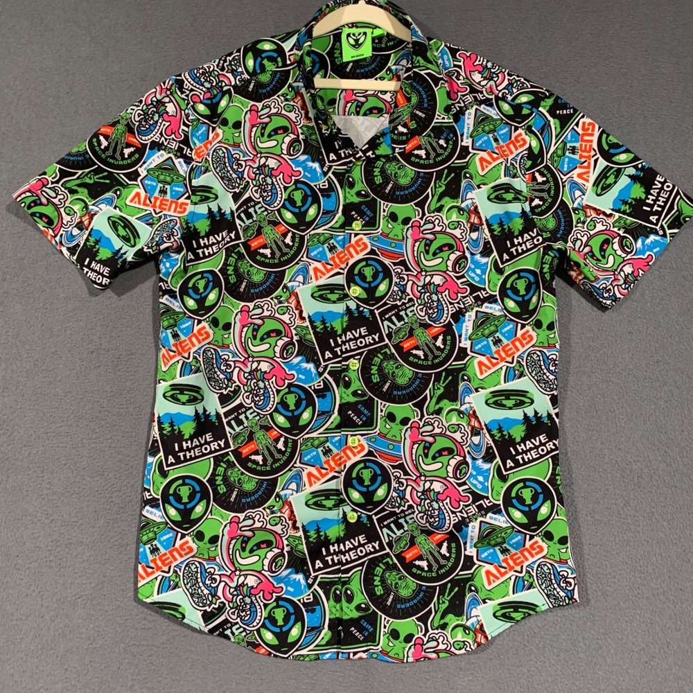 Game Theory Mens Alien Graphic Print Button Up Shirt Green Black Small RN 155350